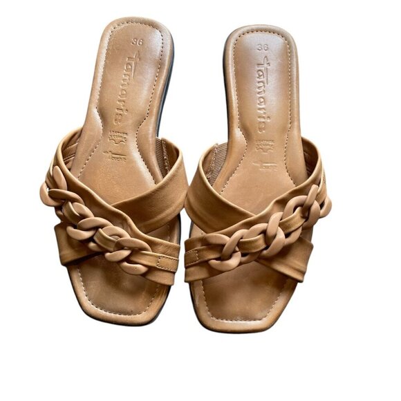 Tamaris Women's Genuine Leather Slide Flat Sandal Sz 36 Camel #30Y - Picture 3 of 8